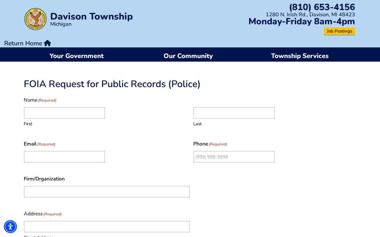 Davison Township residents directory police FOIA request form