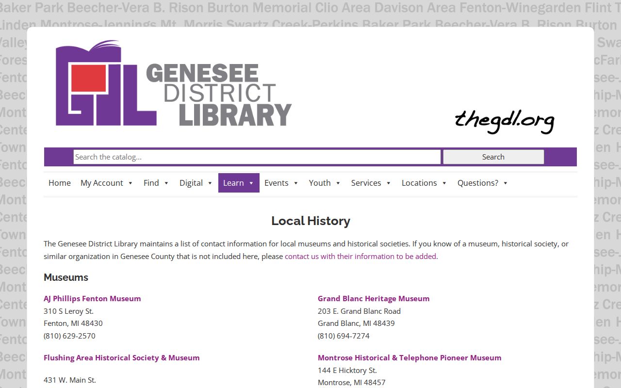 Davison Township previous residents GDL local history house research